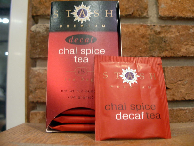Decaffeinated flavored or spiced teas, like this "chai spice tea" sold by Stash, often come out better than pure decaf teas, because the additional flavorings can be added after the decaffeination process removes much of the flavor from the tea.  Photo by JHoltzman, licensed under CC BY-SA 3.0.